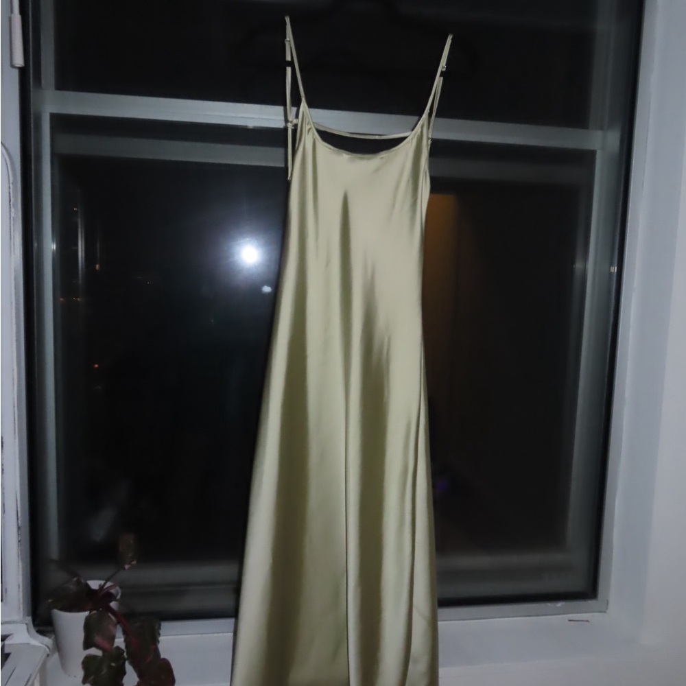 Zara Backless Satin Dress in Light Olive Green Sage